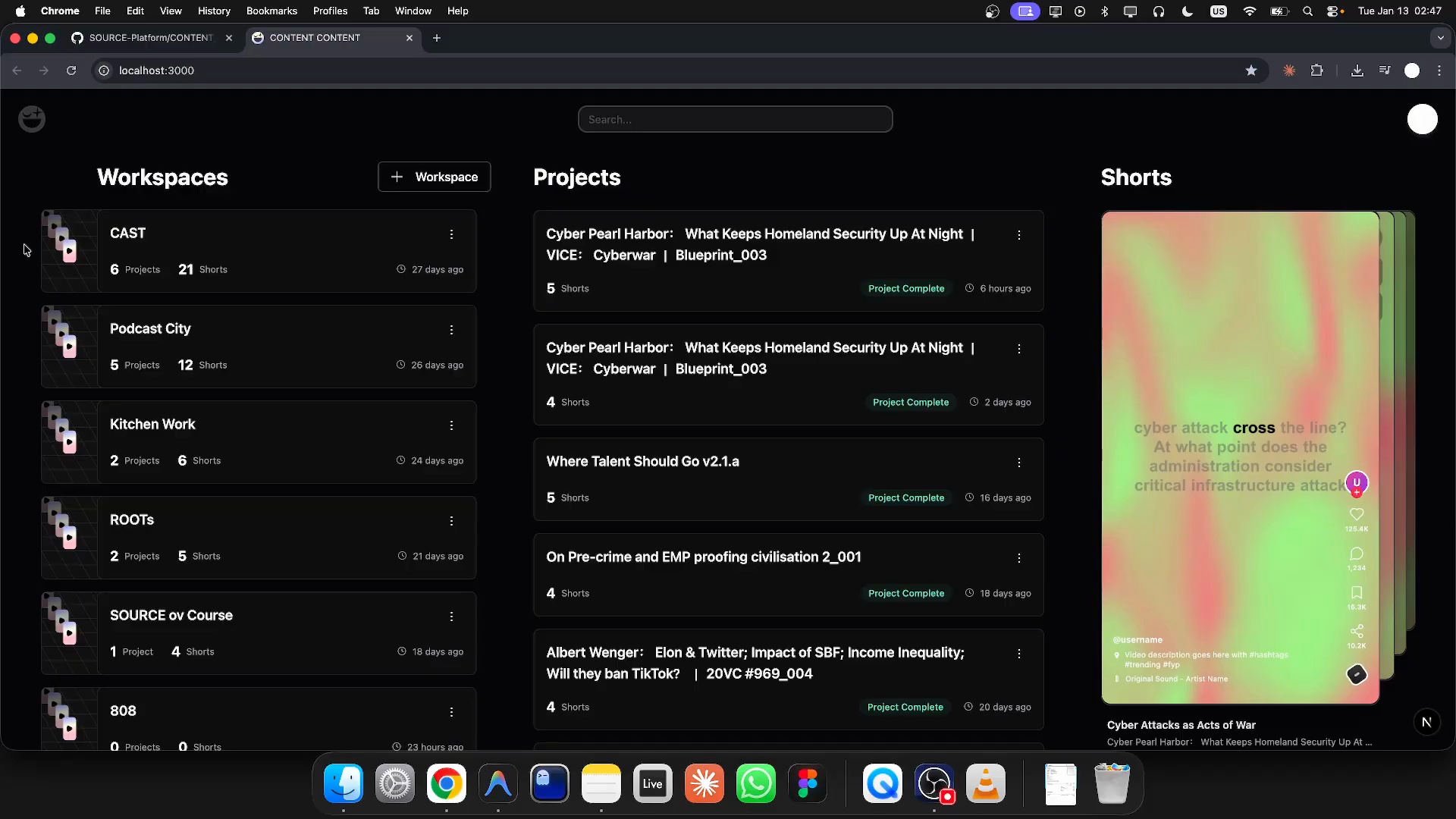 Content Content dashboard: workspace cards on the left, projects in the middle, generated shorts on the right.