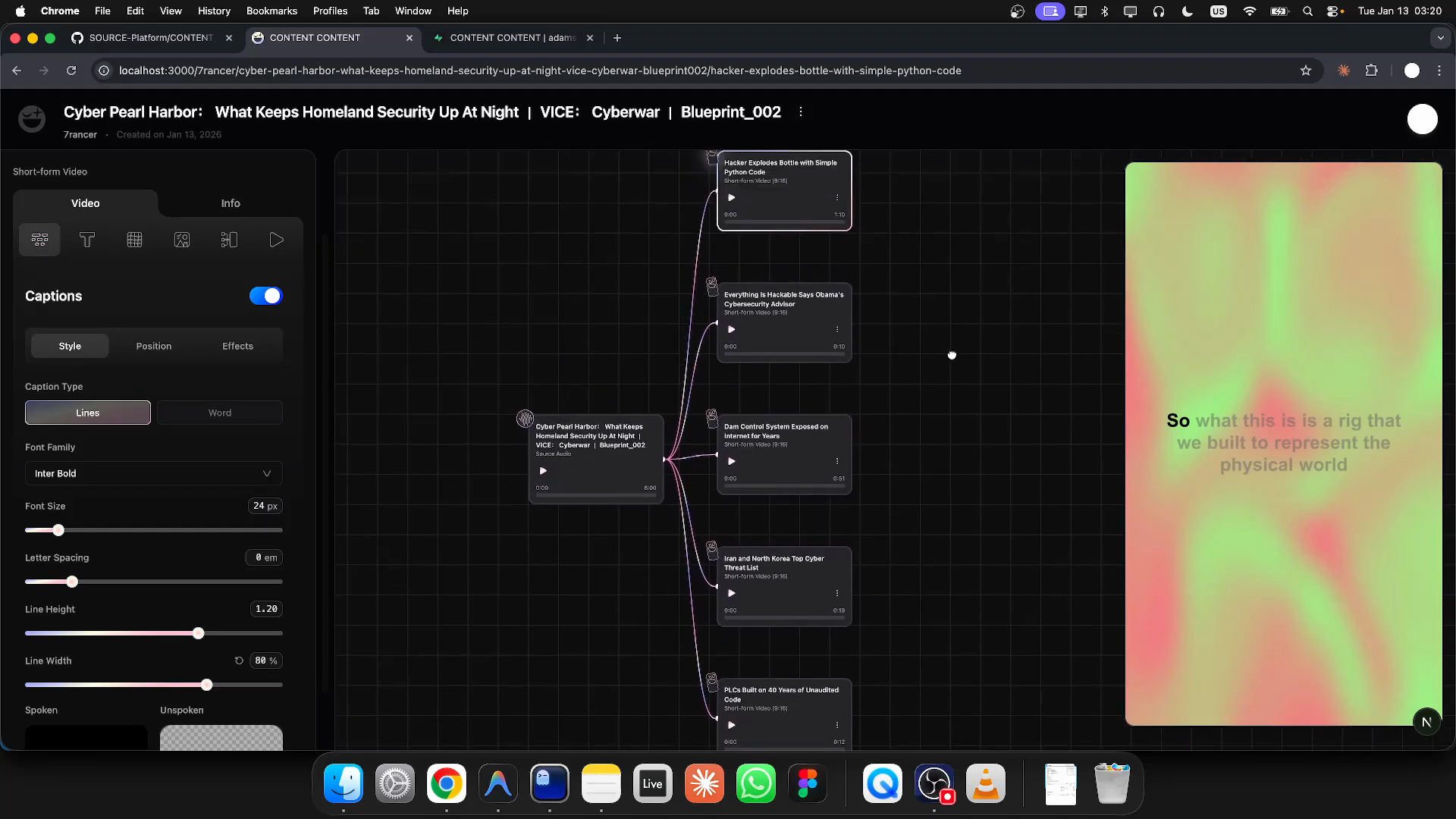 Project page React Flow canvas showing one source-audio node branching into five short-form video clip nodes.
