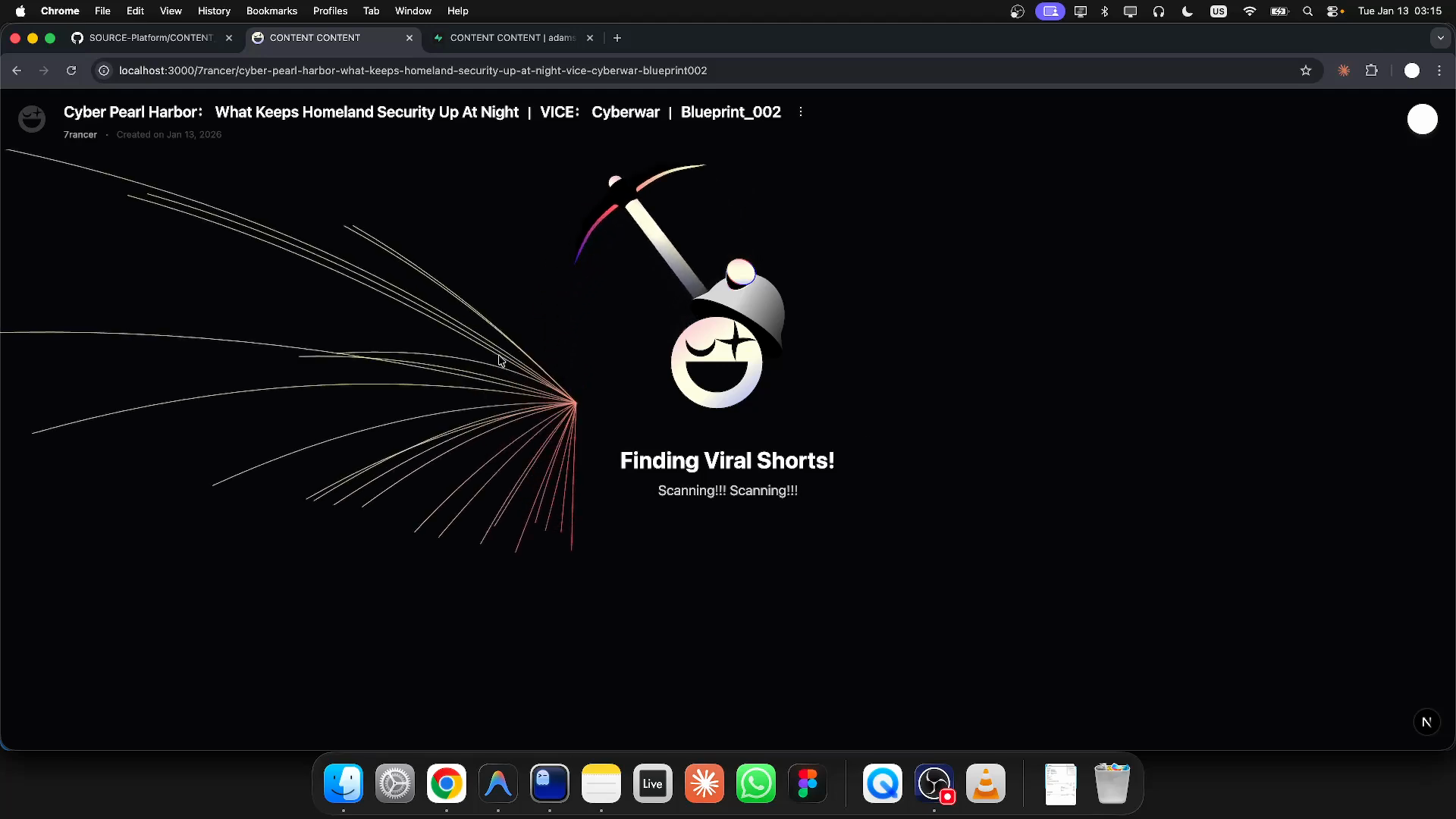 Custom processing screen with a 'Finding Viral Shorts!' headline and a pickaxe illustration.