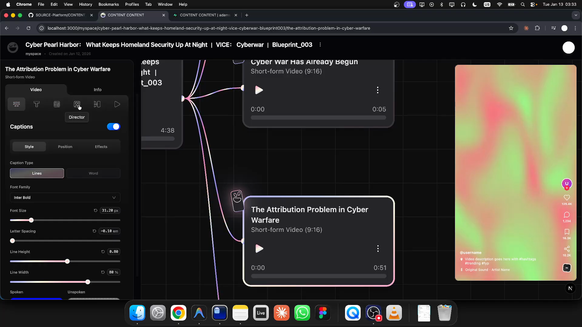 Editor sidebar with a parent Video/Info tab row and a secondary icon tab row beneath it.