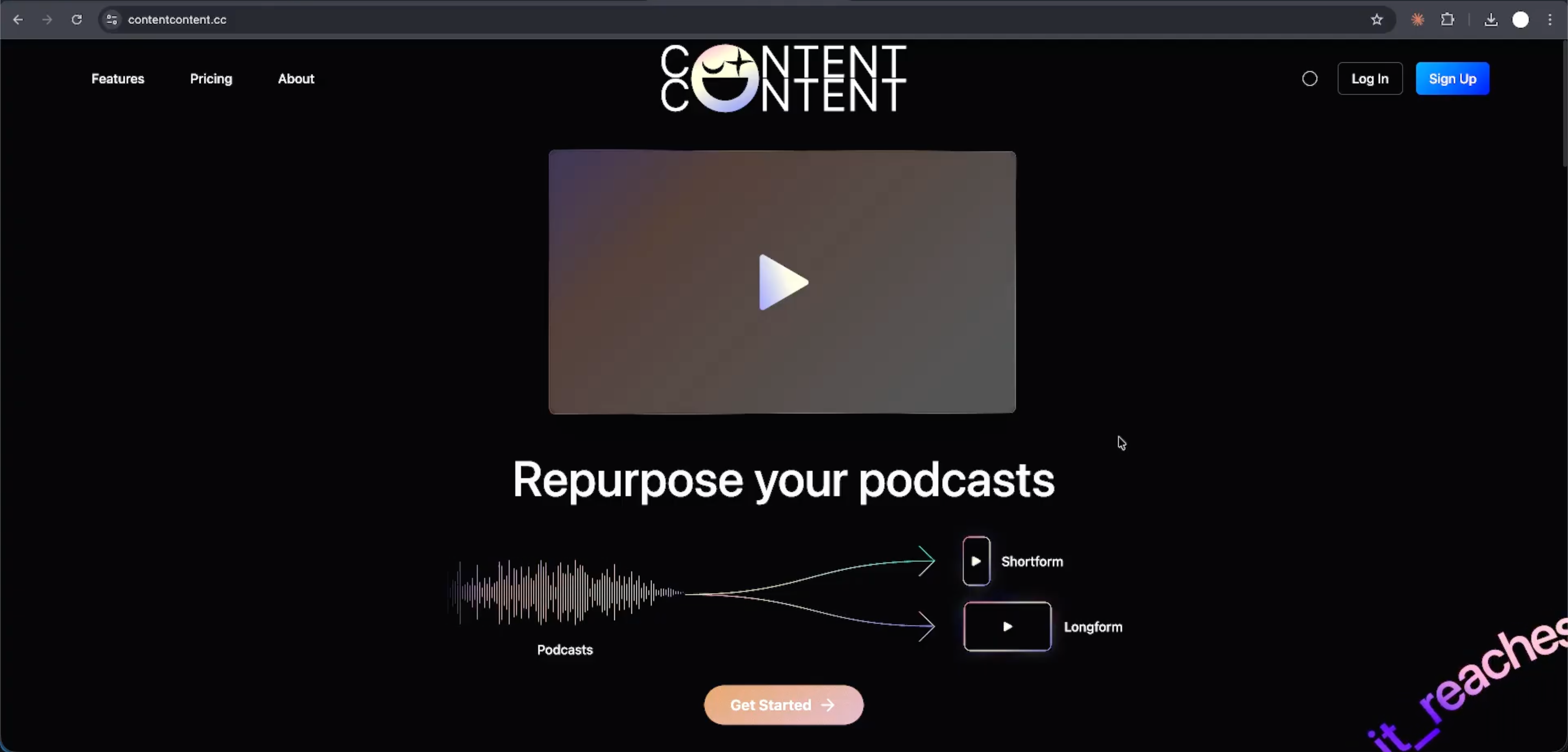 Content Content marketing site hero with the 'Repurpose your podcasts' headline, waveform graphic, and call to action.